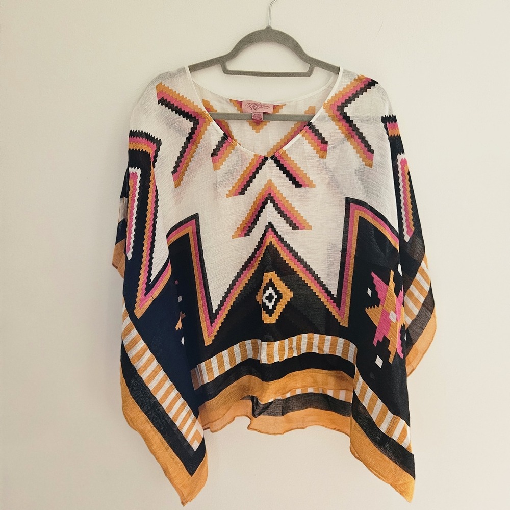 Theodora & Callum Linen Blend Poncho Top‎ White Orange Pink O/S Caftan Tunic